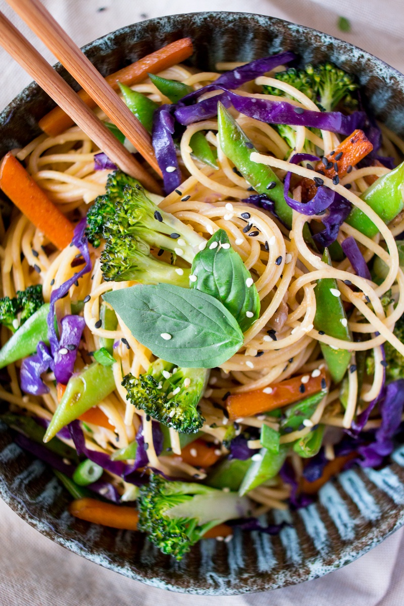 sesame and ginger noodles close up