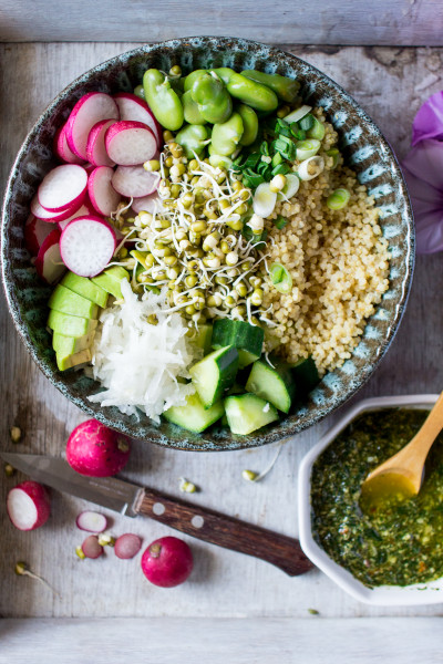 superfood buddha bowl with mint pesto