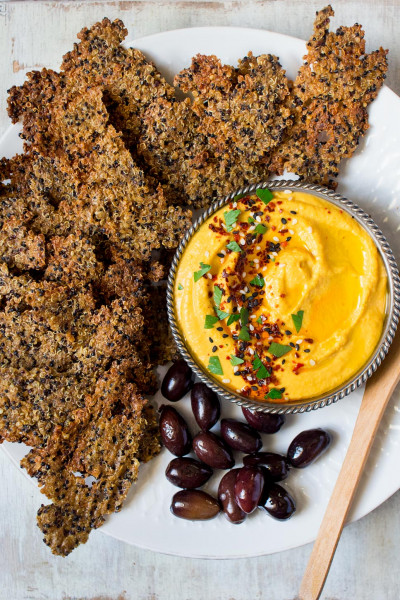 carrot hummus and quinoa cumin crackers