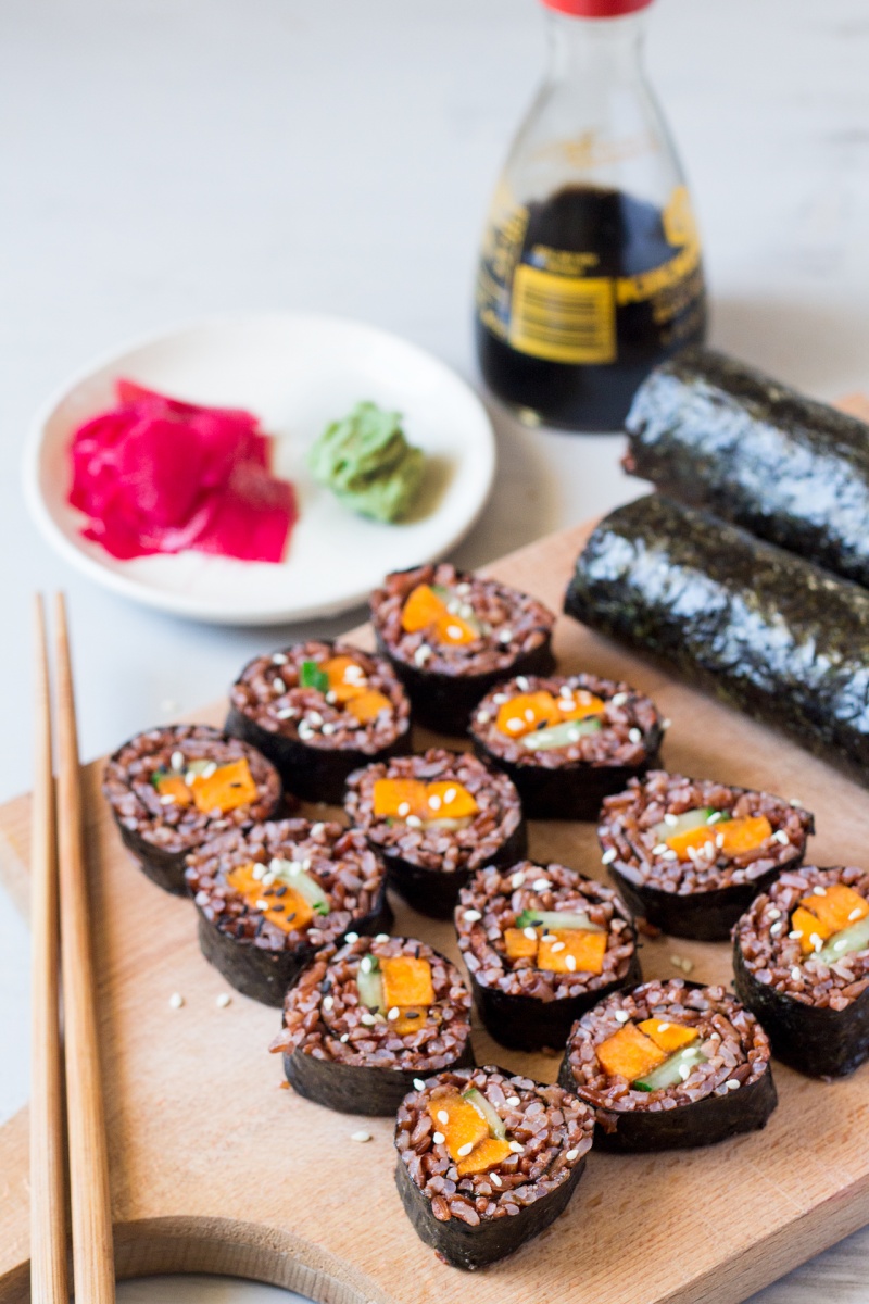 miso glazed sweet potato sushi lunch