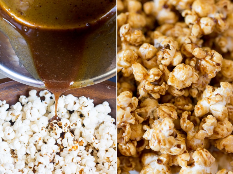 miso maple vegan popcorn coating in caramel