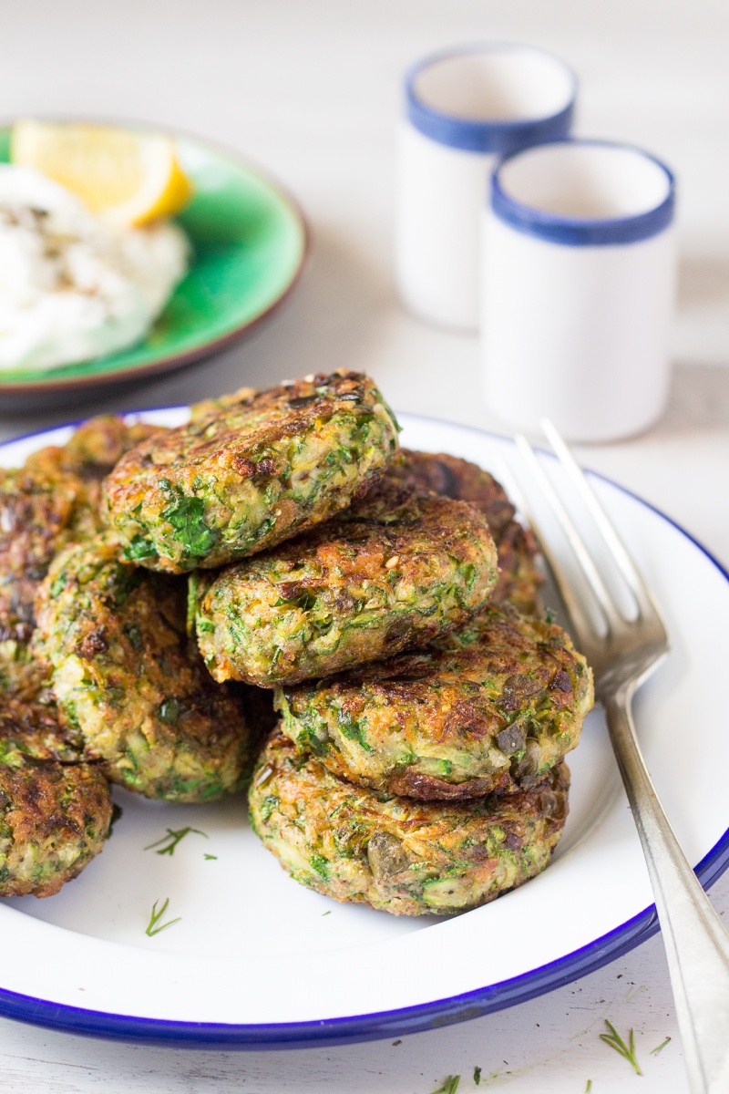 vegan greek zucchini fritters stack