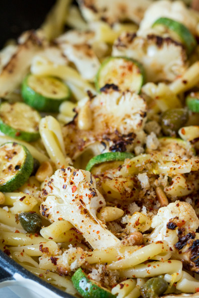 caper butter cauliflower pasta close up