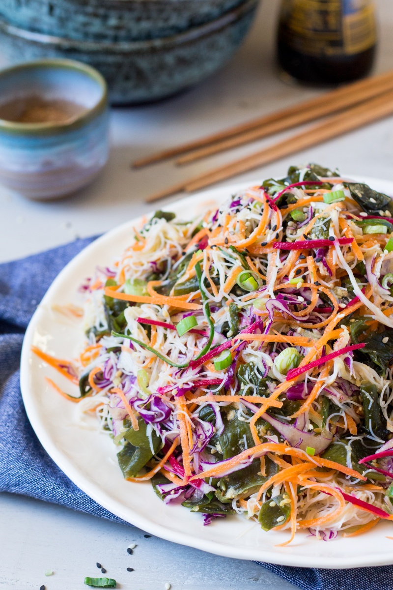 vegan rice noodle salad with sesame dressing 