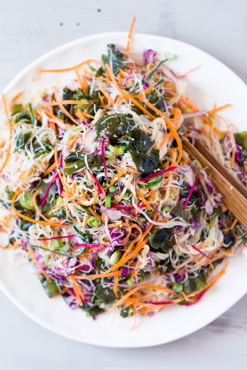 vegan rice noodle salad with sesame dressing plated