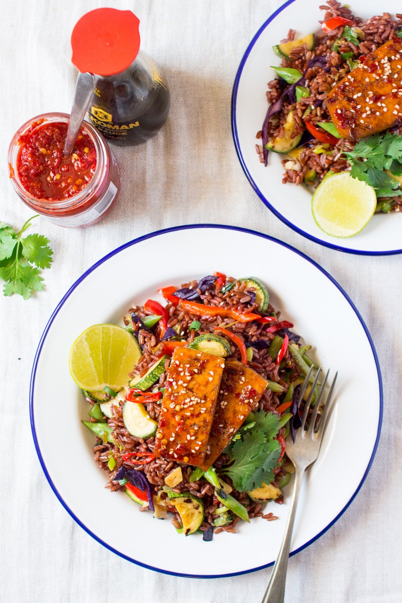 rice stir fry with spicy tofu top down