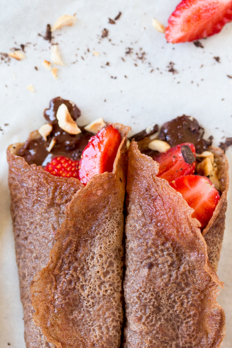 vegan chocolate crêpes with hazelnut filling and strawberries lazy