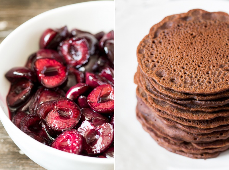 cherries and vegan chocolate pancakes