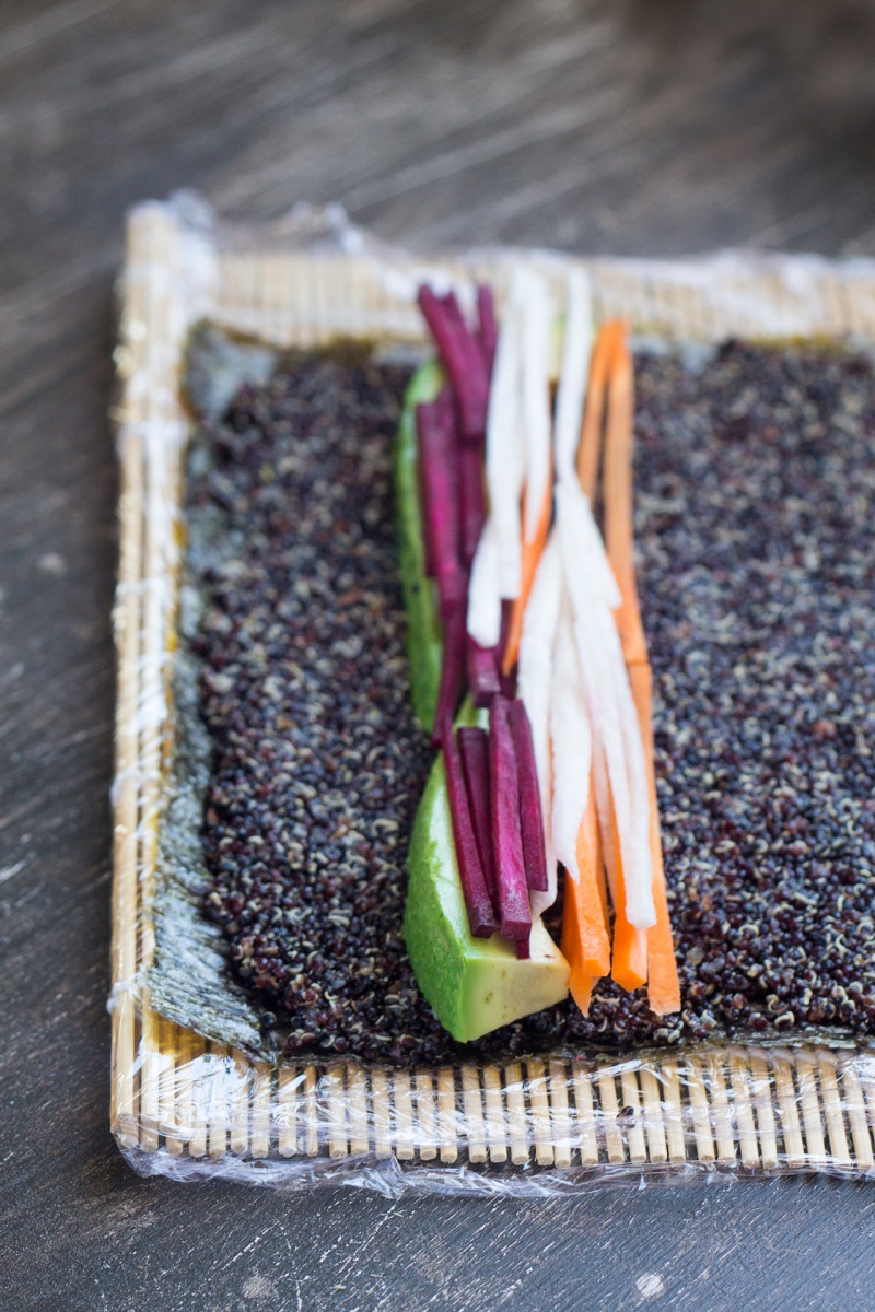 rolling veggie quinoa sushi