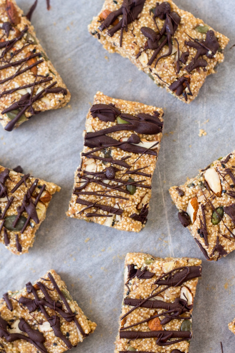 tahini and amaranth energy bars drizzled with chocolate