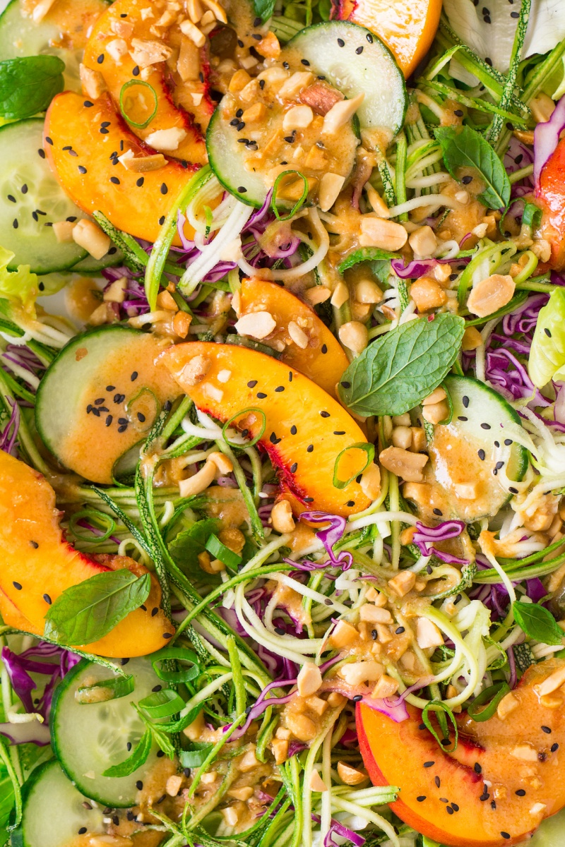 asian zucchini noodles salad vegan miso dressing close up