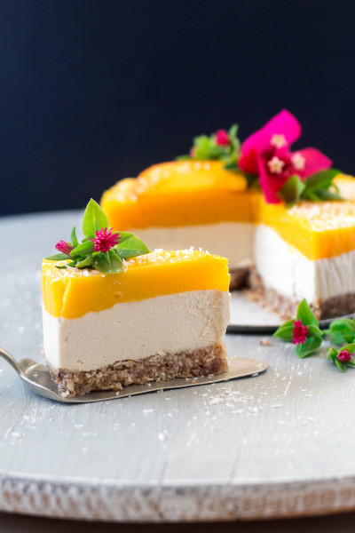 vegan mango ginger cheesecake cut slice