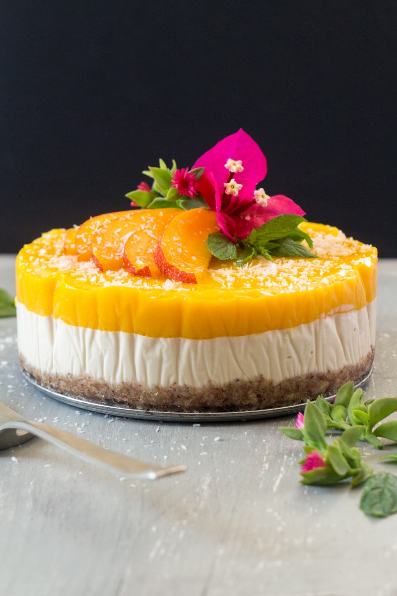 vegan mango ginger cheesecake decorated