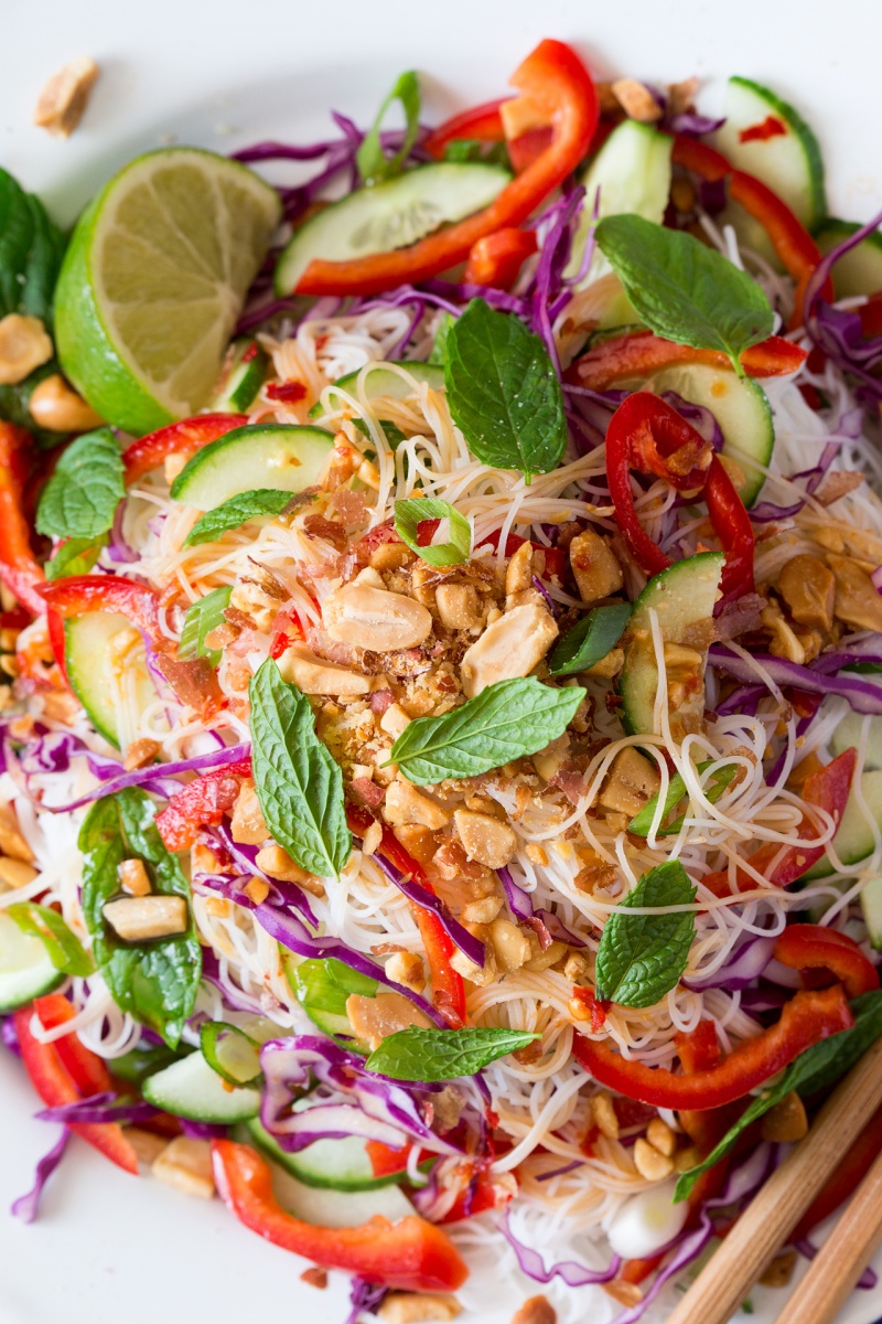 asian vermicelli salad with peanuts close up