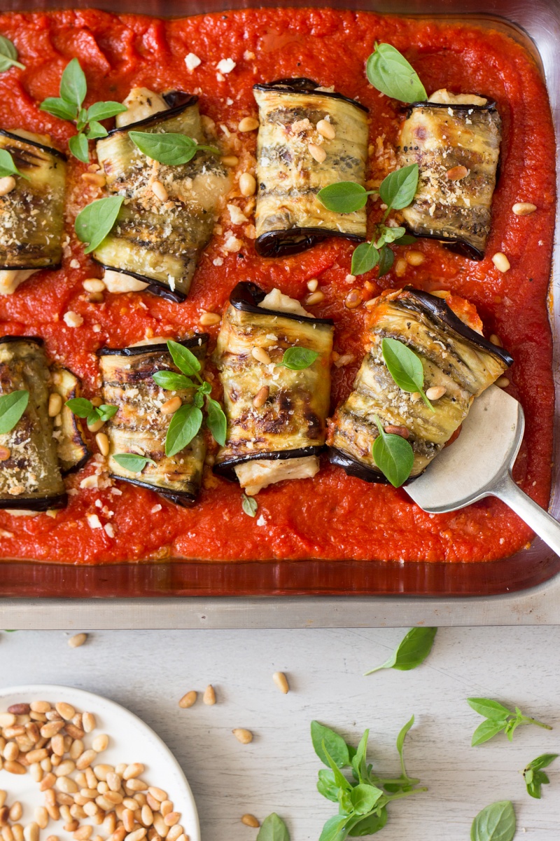 aubergine involtini with vegan ricotta decorating