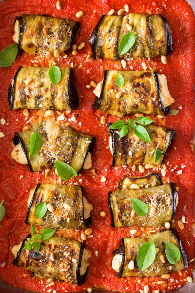 aubergine involtini with vegan ricotta tray