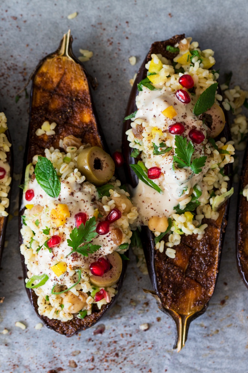 Aubergine with bulgur wheat and tahini - Lazy Cat Kitchen