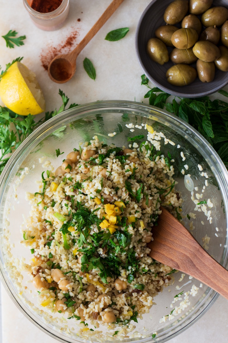 bulgur wheat salad mixing