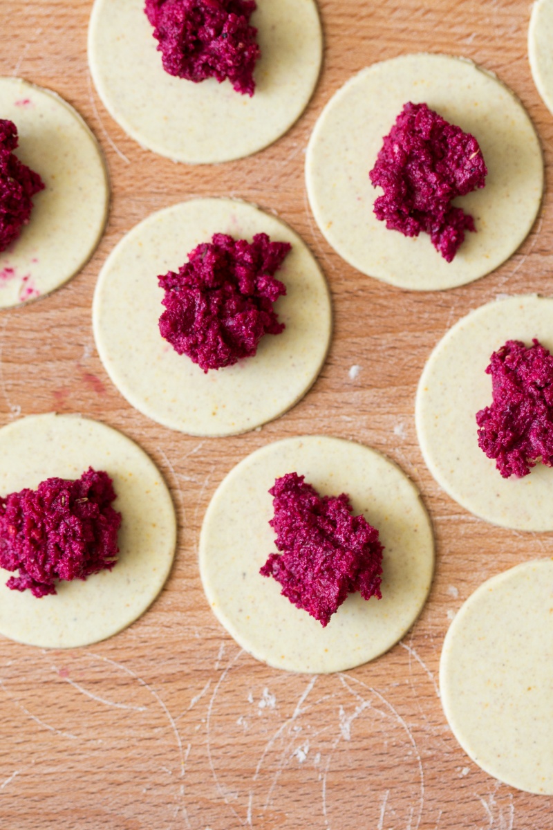 gluten free ravioli beetroot filling before sealing