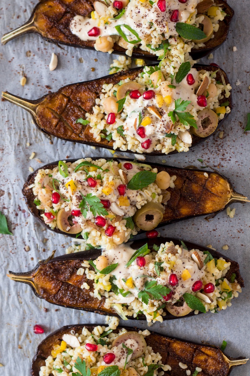 tray aubergine bulgur wheat tahini