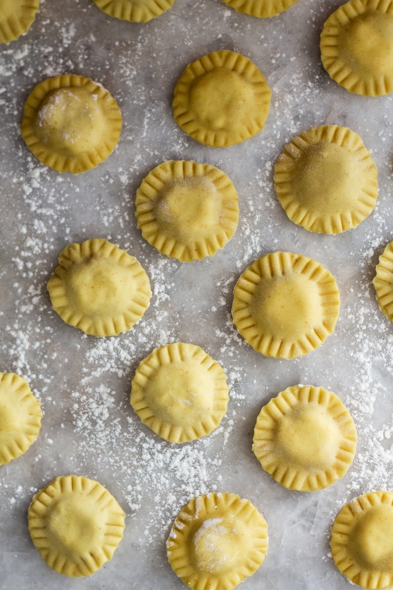 uncooked vegan ravioli with pumpkin and ricotta