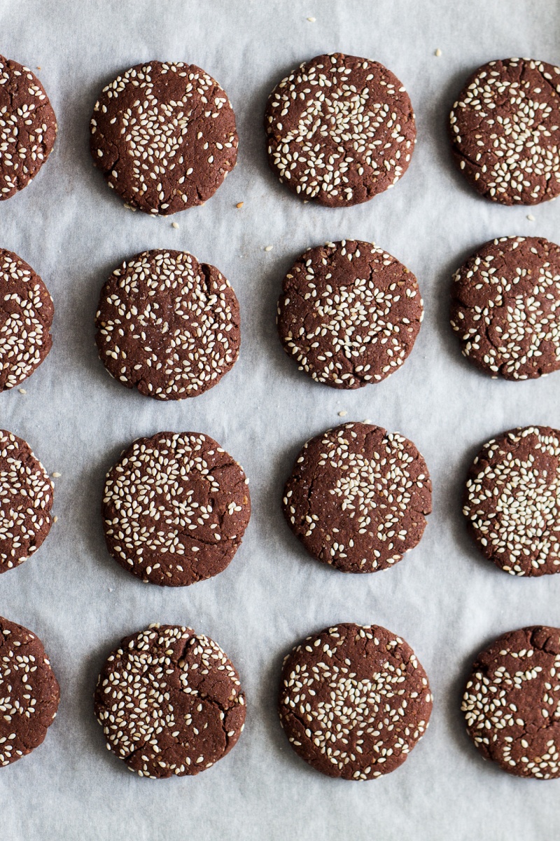 chocolate tahini cookies top down