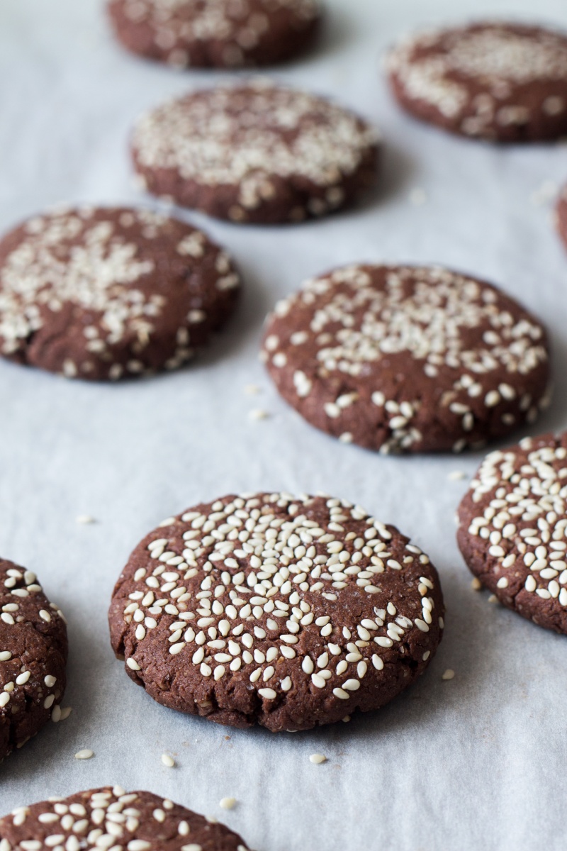 chocolate tahini cookies tray