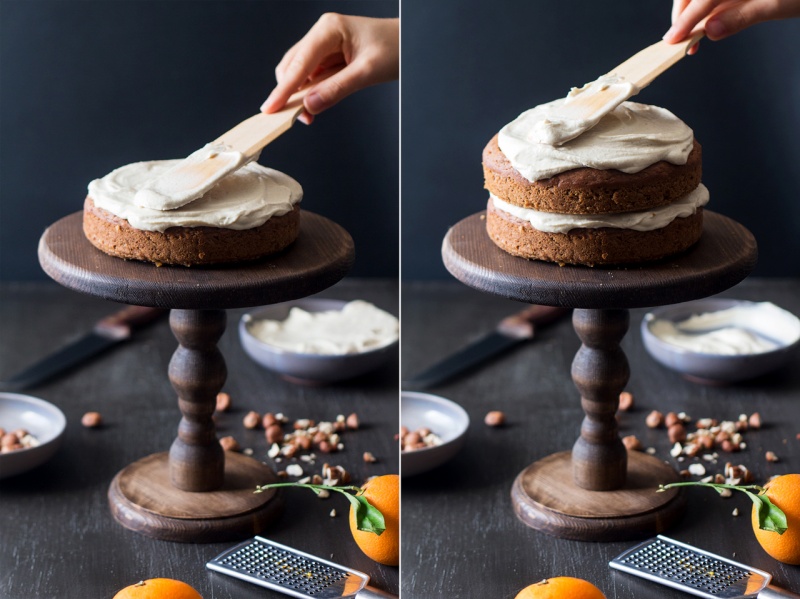 vegan carrot cake applying frosting