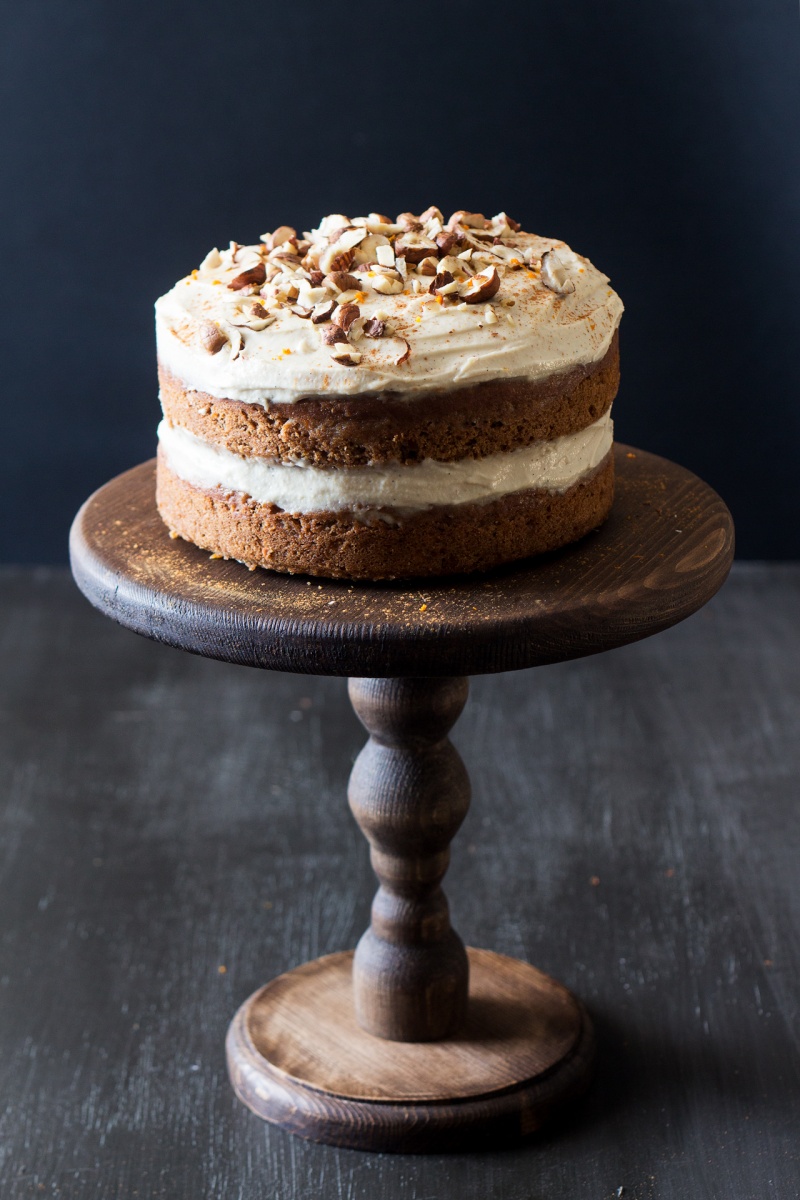vegan carrot cake on a stand