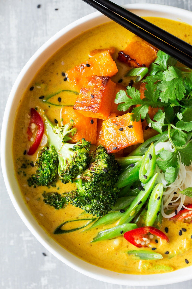 vegan khao soi soup close up