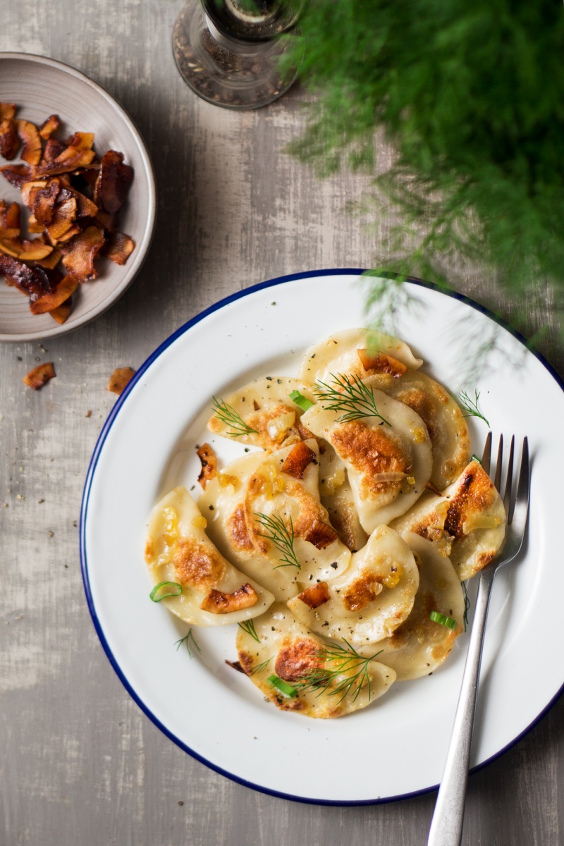 vegan pierogi with coconut bacon