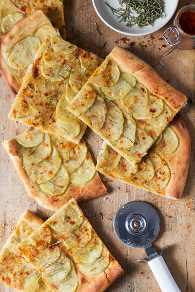 vegan potato pizza cut
