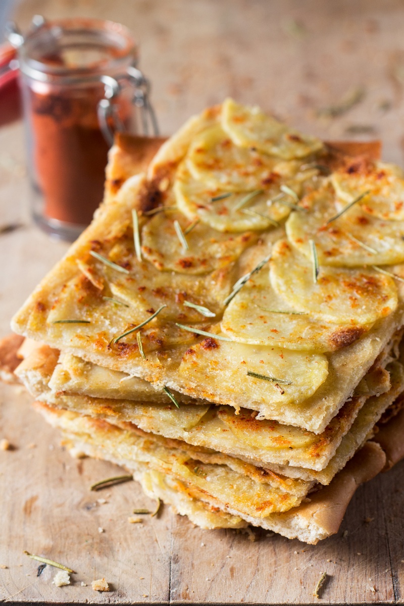 vegan potato pizza with rosemary stack