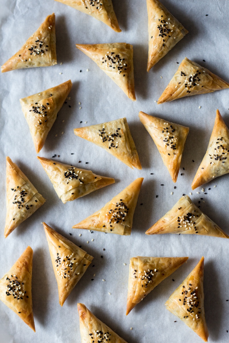 vegan spanakopita triangles baking tray