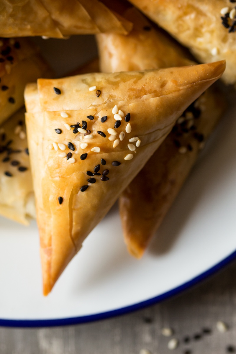 vegan spanakopita triangles close up