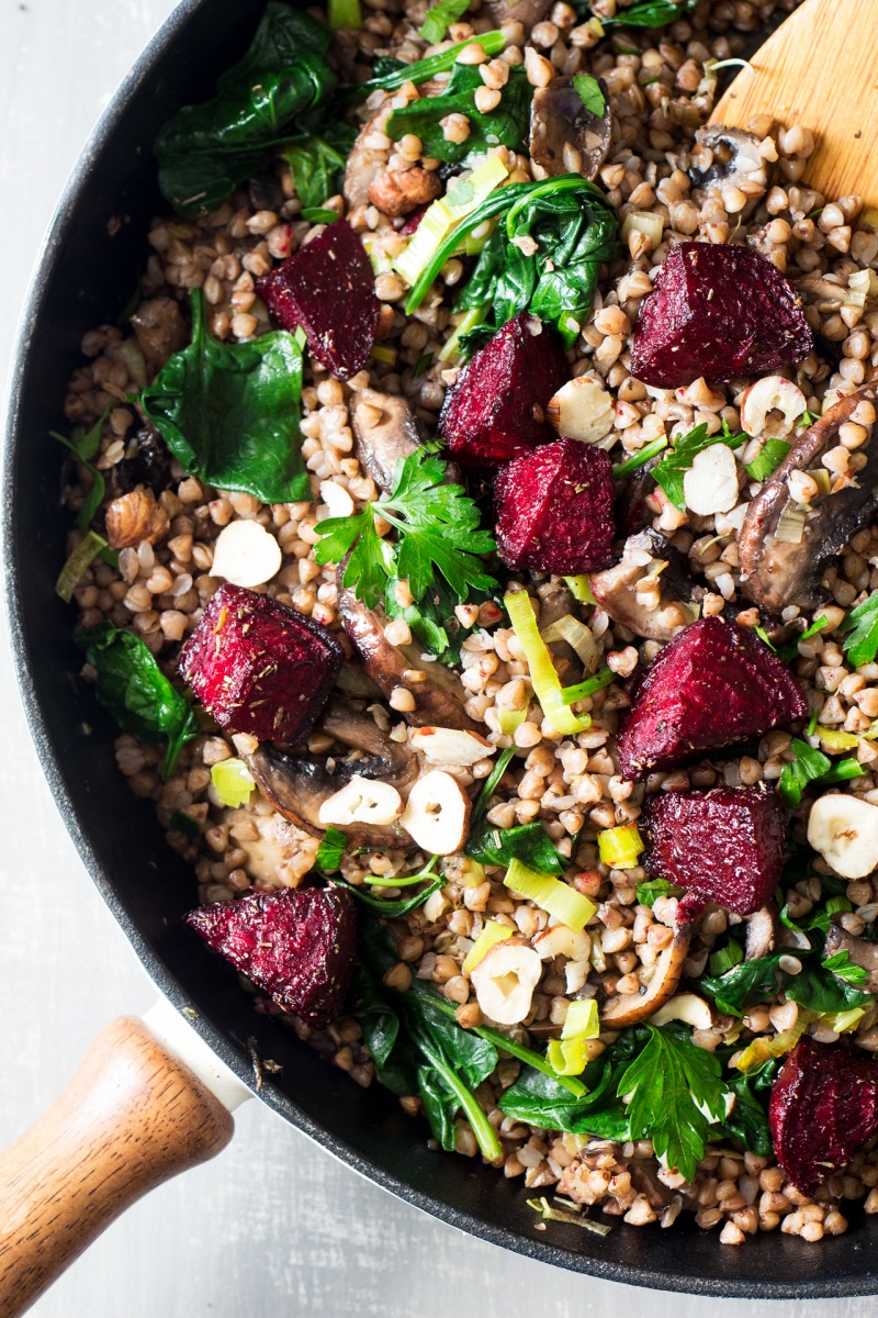 buckwheat beetroot salad in a pan