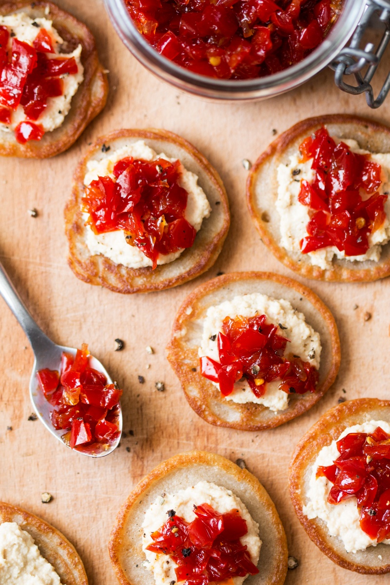 vegan blinis red pepper relish