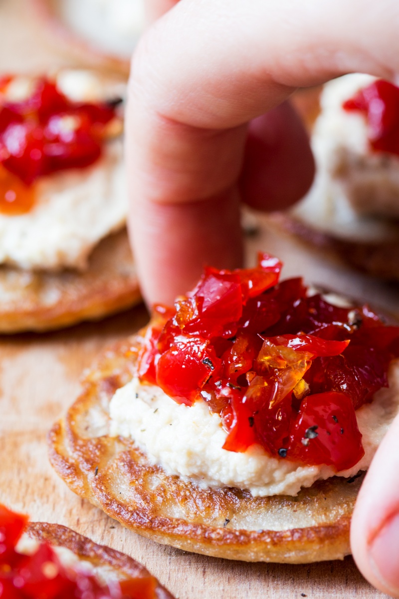 vegan blinis red pepper relish close up