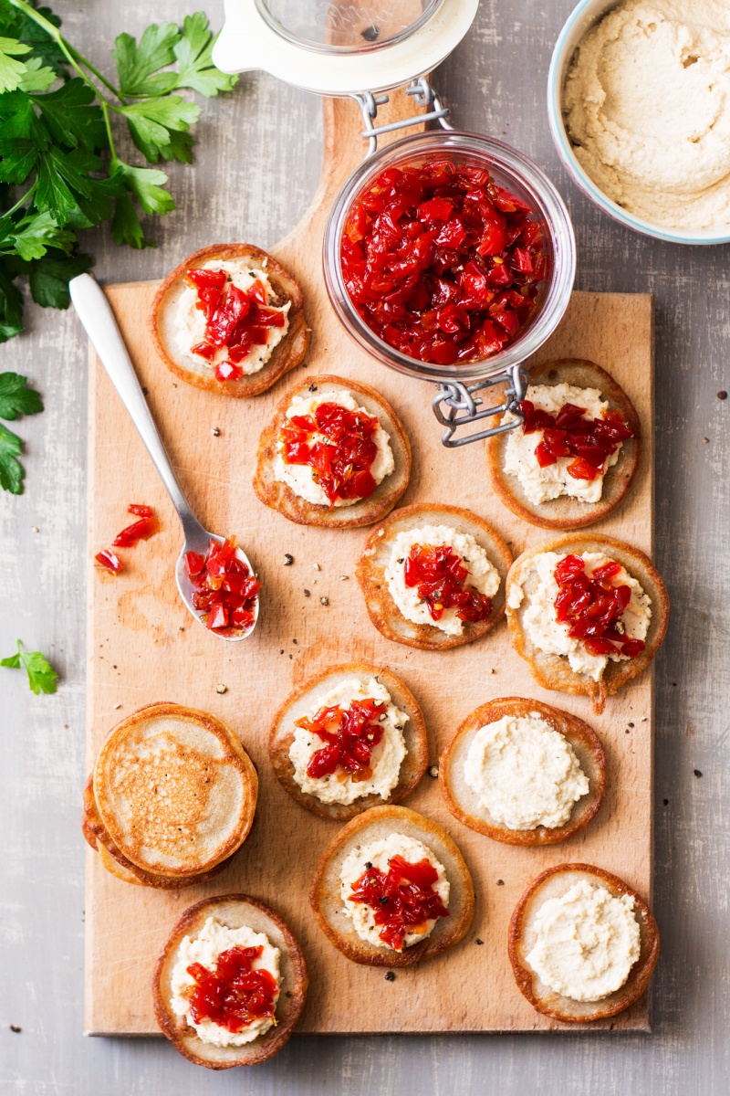 vegan blinis red pepper relish serving board