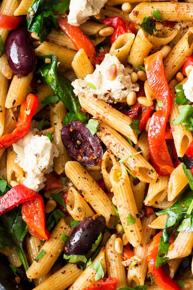 vegan red pepper pasta close