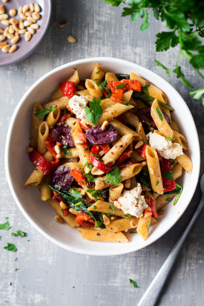 vegan red pepper pasta portion