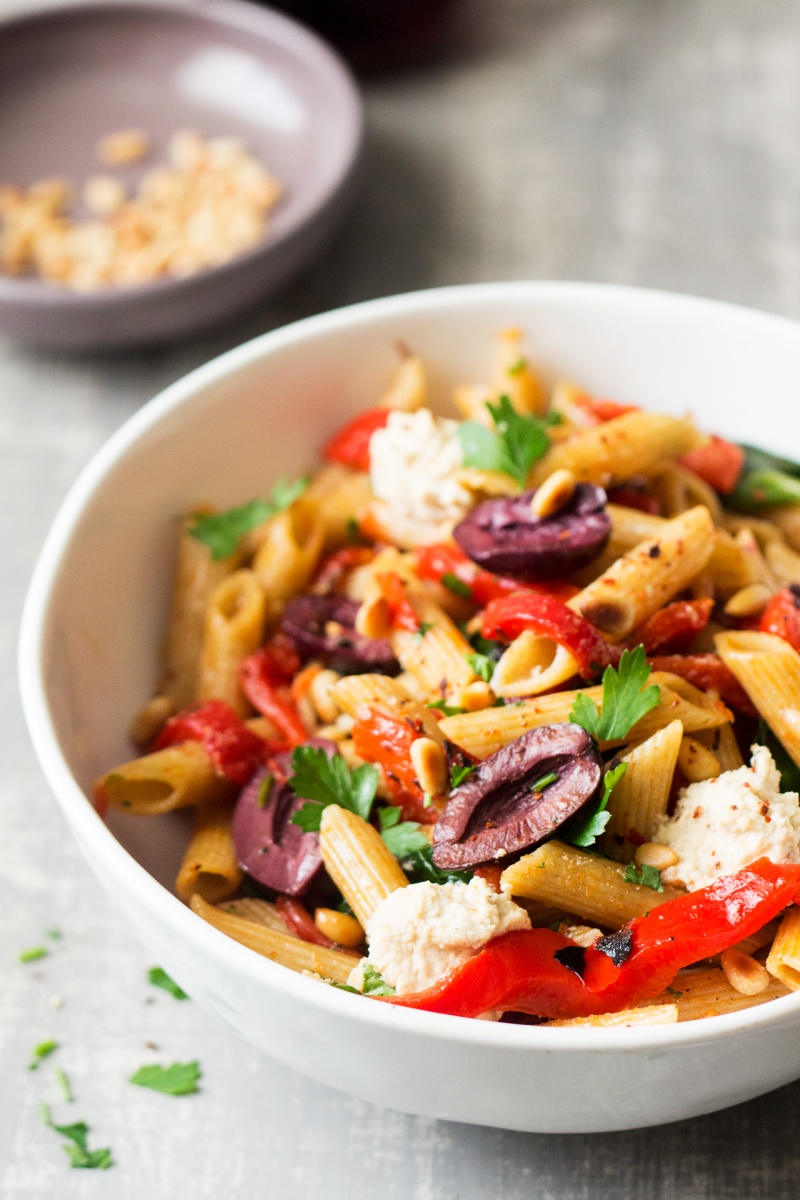 vegan red pepper pasta sideview