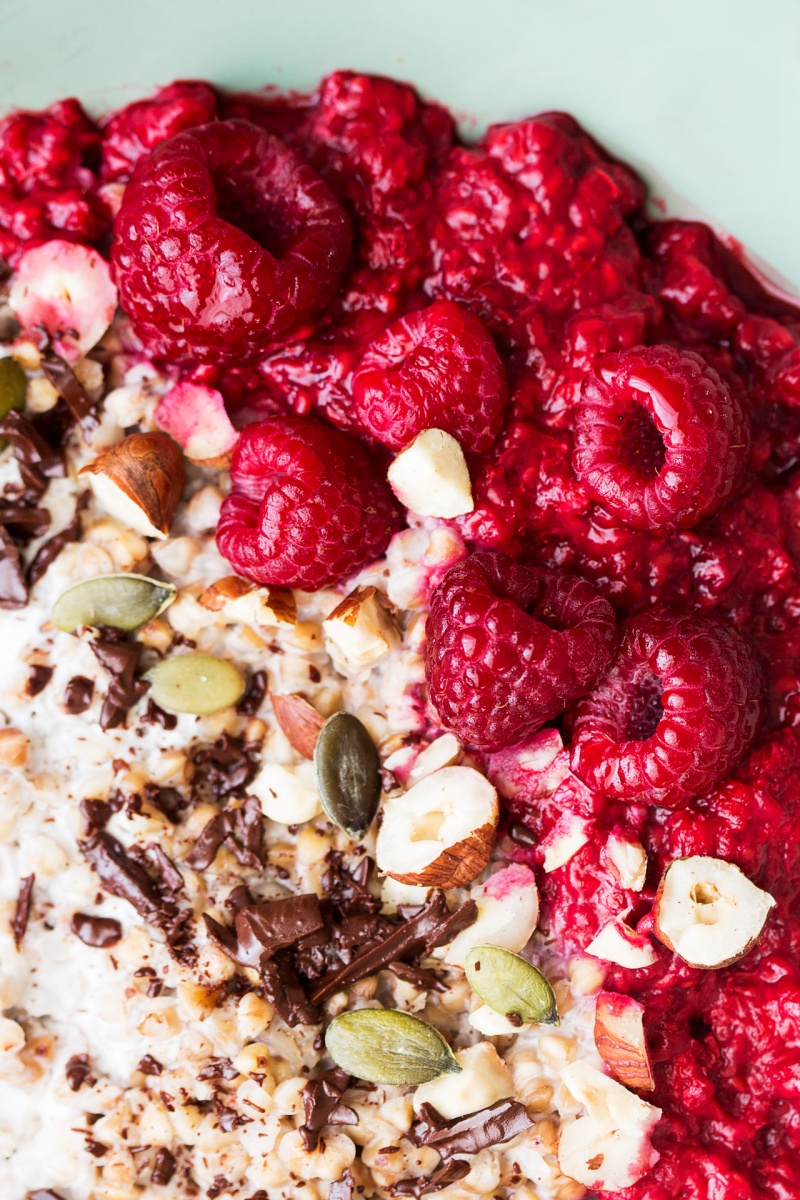 gluten free porridge with raspberries close up