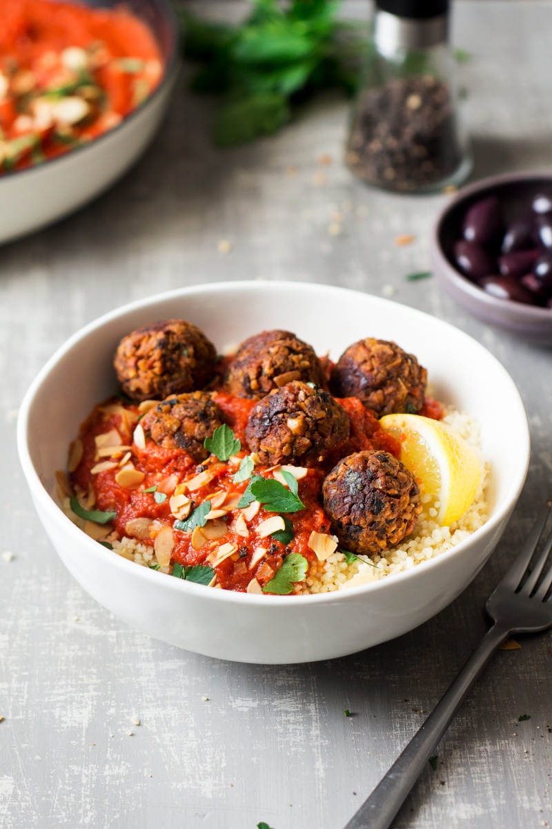 moroccan inspired vegan meatballs bowl