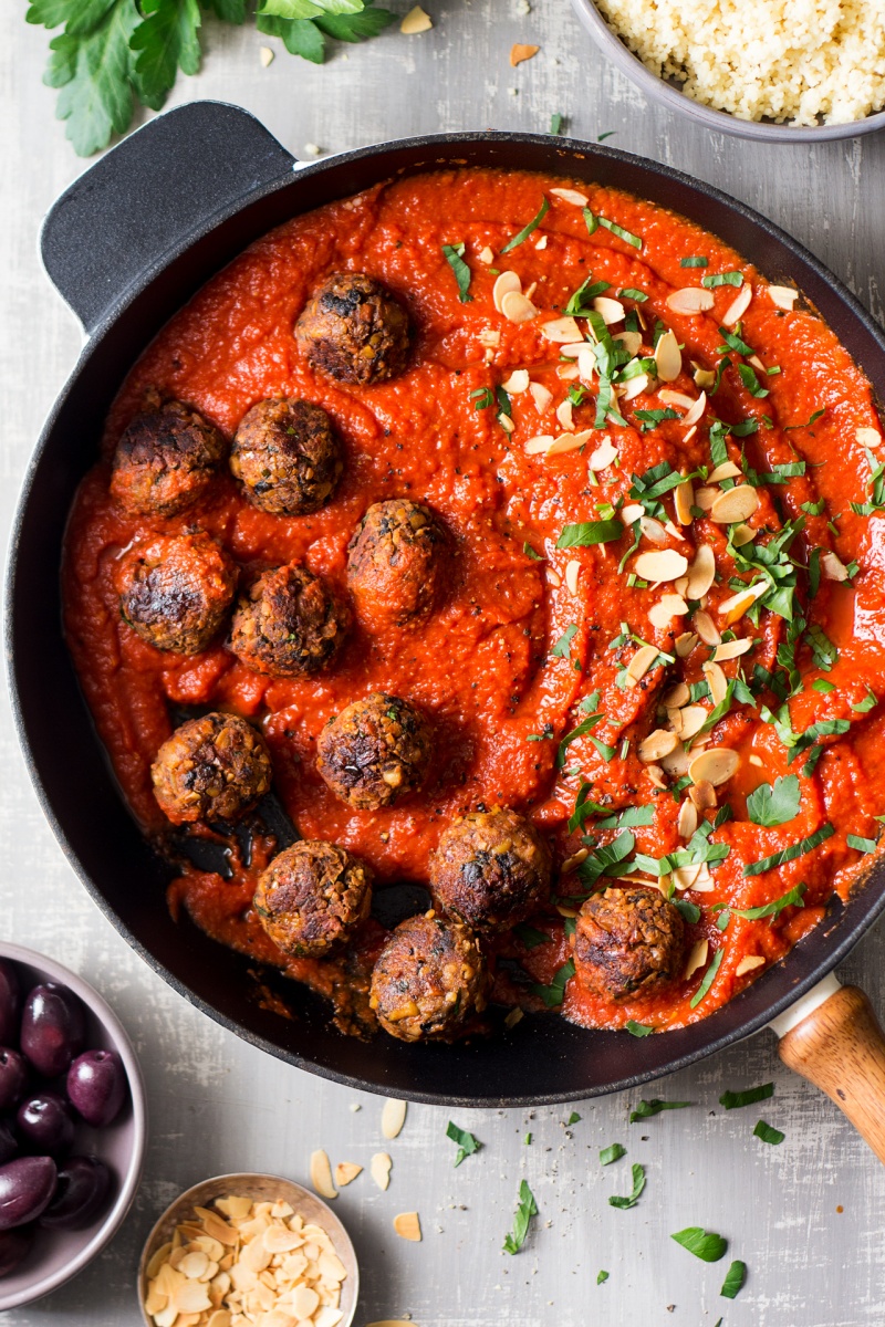 moroccan inspired vegan meatballs pan