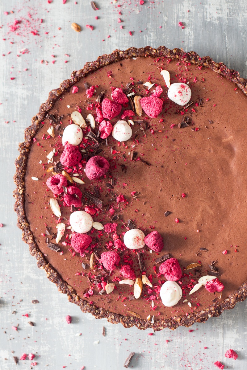 vegan chocolate mousse raspberry tart top down