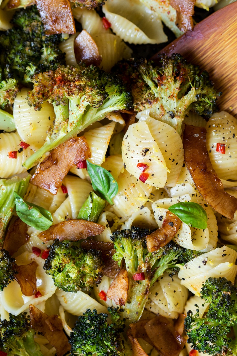 broccoli orecchiette vegan bacon close up
