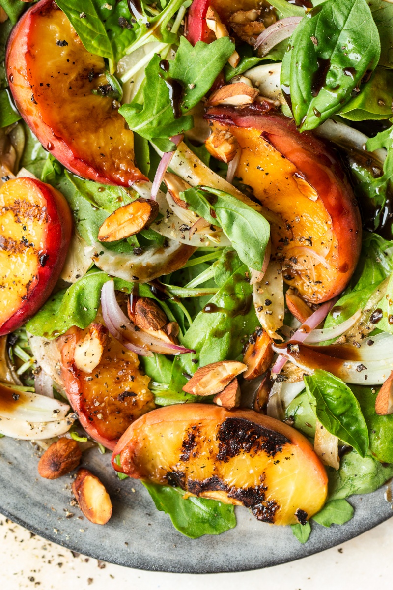 peach salad maple balsamic glaze close up