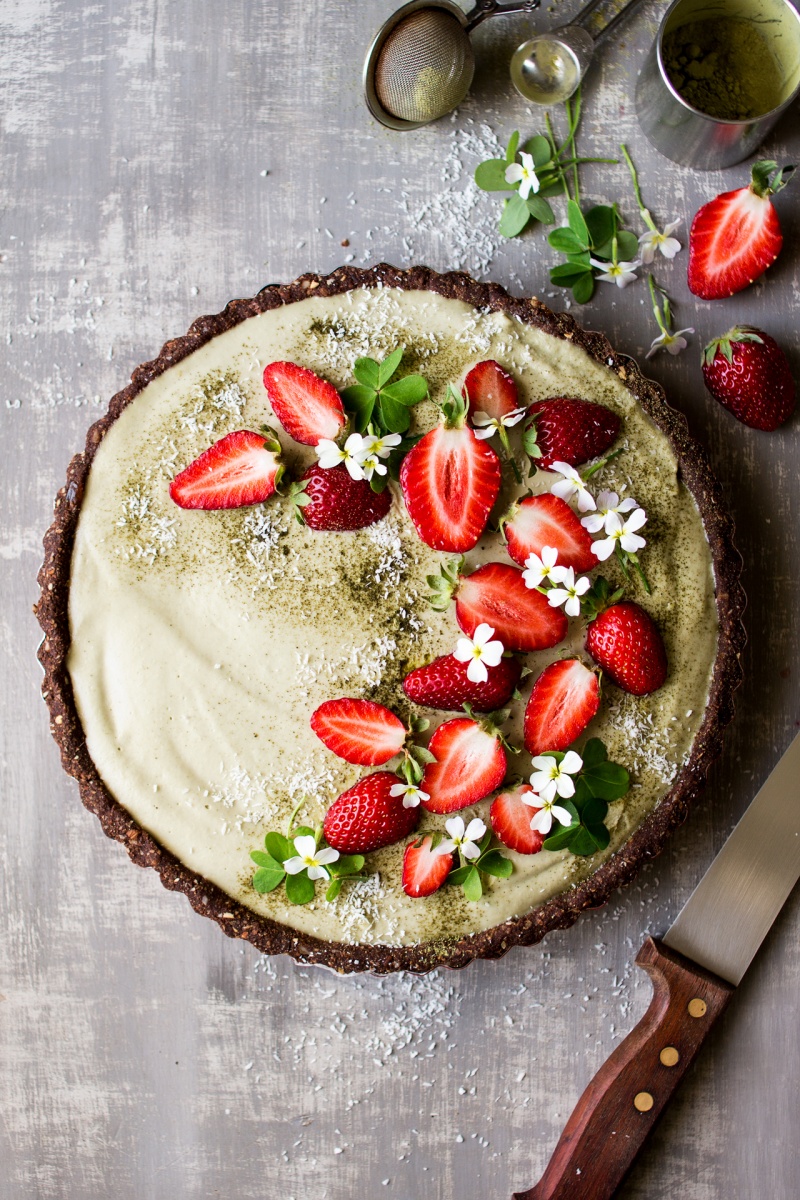 vegan matcha strawberry tart decorated