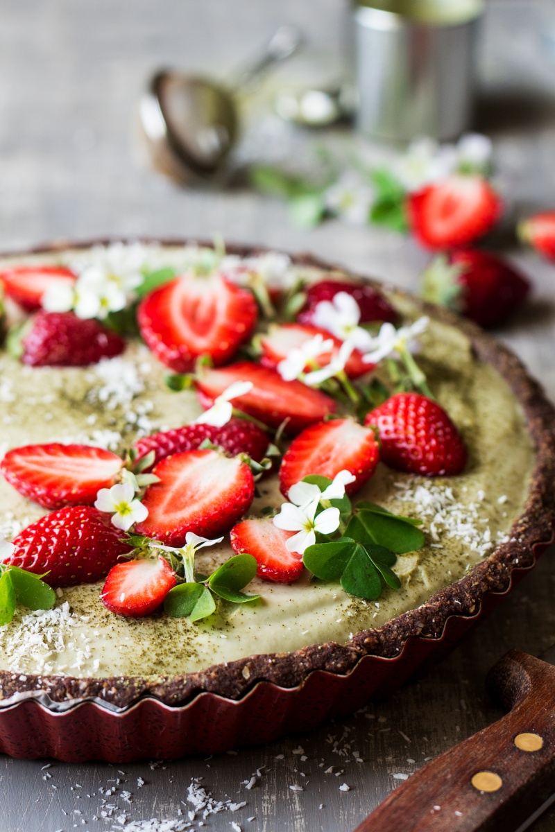 vegan matcha strawberry tart side